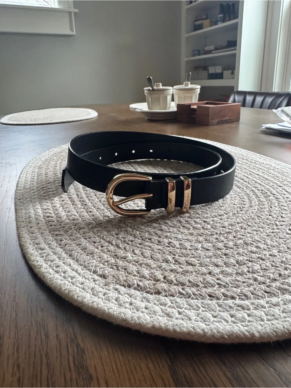 Classic Black Leather Belt with Gold Buckle - Women Accessories